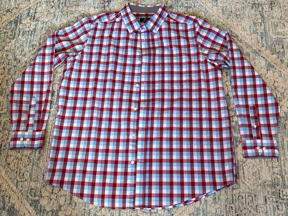 George Men's Classic Fit Red and Blue Plaid Long Sleeve Button-Down Shirt Size X